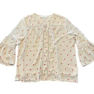 Fever Women's blouse, tan/beige with pink dots, sheer bell sleeves, Size XL